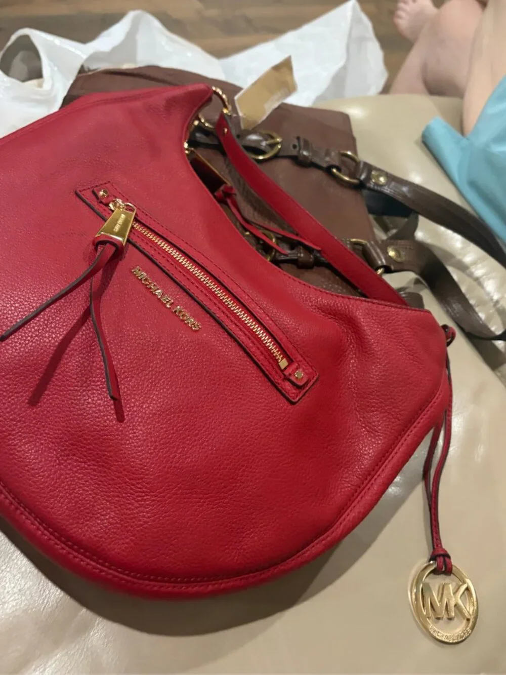 Michael Kors Rhea Zip MD Red Leather Shoulder Bag NWT